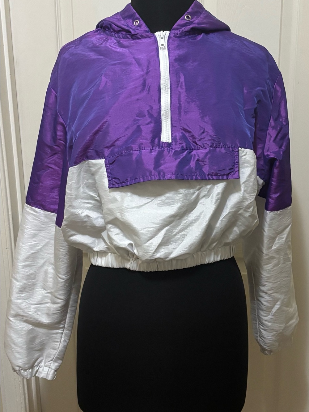 Rue 21 Size S Vintage 90s Cropped Windbreaker Jacket Purple White Pullover